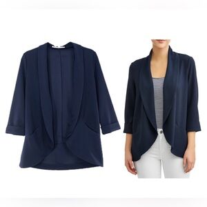 RW&CO women's navy blue open front draped blazer jacket Sz L classy pockets
